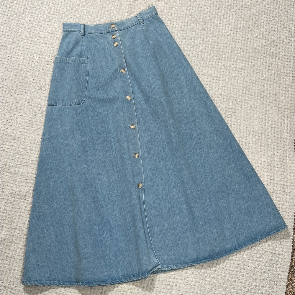 Vintage Blue Denim Maxi Skirt with Front Buttons